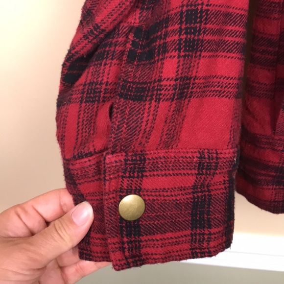 Fossil Men’s Plaid Flannel Multi-Pocket Red Black Shirt Jacket Shacket - Picture 5 of 10